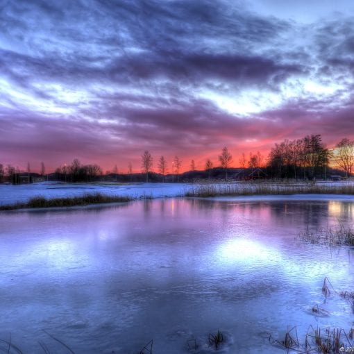 Winter Pond in sunset